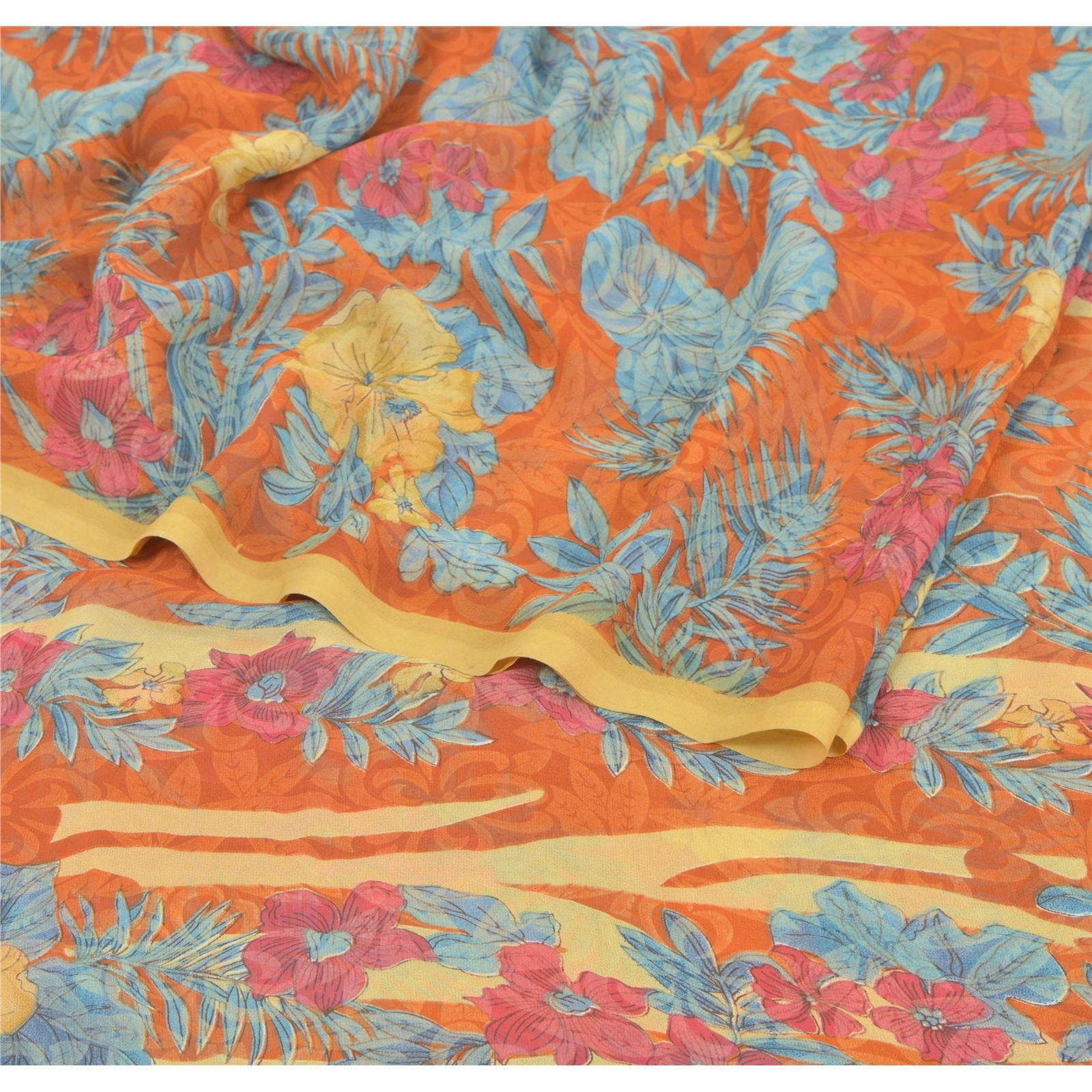 Sanskriti Vintage Orange Sarees Georgette Printed Indian Sari 5 Yd Craft Fabric, PRG-6529-Orange-Printed Floral Design-Georgette-1