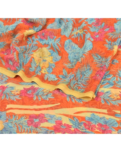 Sanskriti Vintage Orange Sarees Georgette Printed Indian Sari 5 Yd Craft Fabric, PRG-6529-Orange-Printed Floral Design-Georgette-1