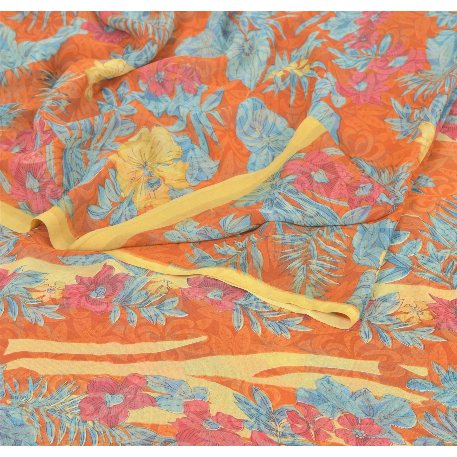 Sanskriti Vintage Orange Sarees Georgette Printed Indian Sari 5 Yd Craft Fabric, PRG-6529-Orange-Printed Floral Design-Georgette-2