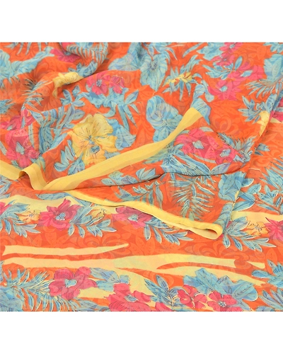 Sanskriti Vintage Orange Sarees Georgette Printed Indian Sari 5 Yd Craft Fabric, PRG-6529-Orange-Printed Floral Design-Georgette-2