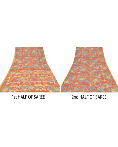 Sanskriti Vintage Orange Sarees Georgette Printed Indian Sari 5 Yd Craft Fabric, PRG-6529-Orange-Printed Floral Design-Georgette-3