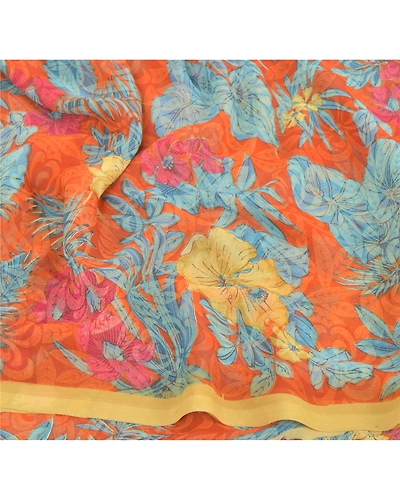 Sanskriti Vintage Orange Sarees Georgette Printed Indian Sari 5 Yd Craft Fabric, PRG-6529-Orange-Printed Floral Design-Georgette-4