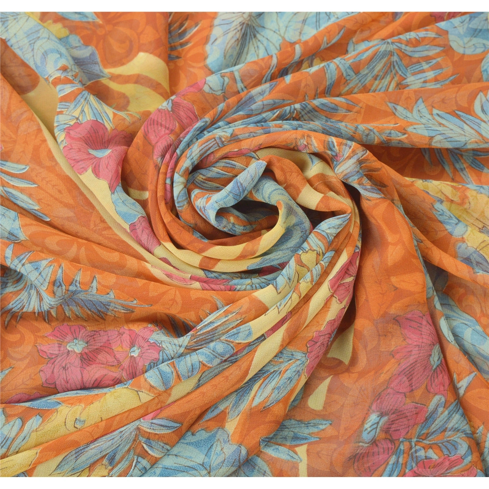 Sanskriti Vintage Orange Sarees Georgette Printed Indian Sari 5 Yd Craft Fabric, PRG-6529-Orange-Printed Floral Design-Georgette-5