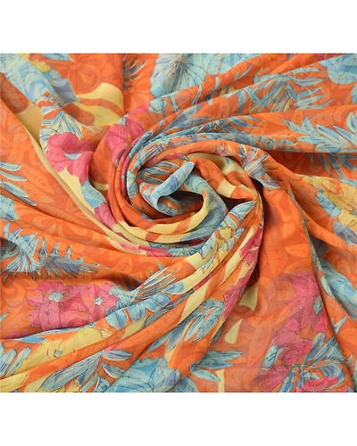 Sanskriti Vintage Orange Sarees Georgette Printed Indian Sari 5 Yd Craft Fabric, PRG-6529-Orange-Printed Floral Design-Georgette-5