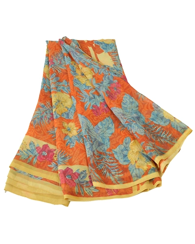 Sanskriti Vintage Orange Sarees Georgette Printed Indian Sari 5 Yd Craft Fabric, PRG-6529-Orange-Printed Floral Design-Georgette-6