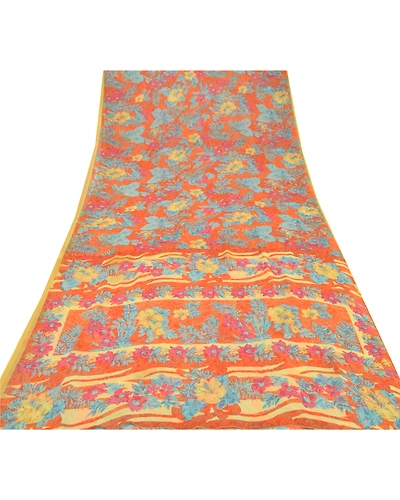 Sanskriti Vintage Orange Sarees Georgette Printed Indian Sari 5 Yd Craft Fabric, PRG-6529-Orange-Printed Floral Design-Georgette-7