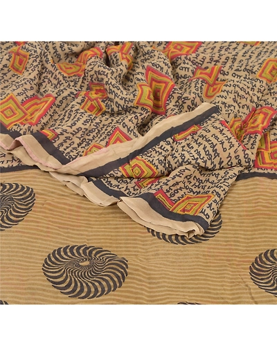 Sanskriti Vintage Pure Georgette Silk Brown Sarees 5 D Printed Sari Craft Fabric, PRG-6640-Brown-Printed Work-Pure Georgette Silk-2