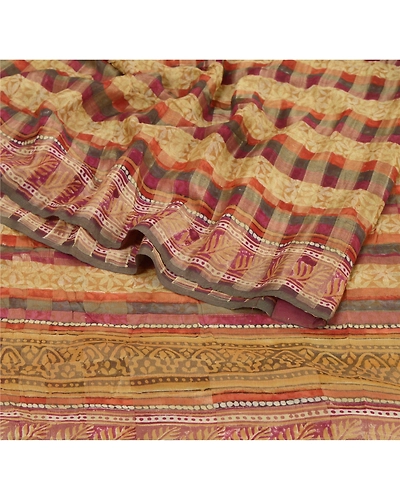 Sanskriti Vintage Brown Saree Pure Georgette Silk Printed Sari 5 Yd Craft Fabric, PRG-6650-Brown-Printed Work-Pure Georgette Silk-1