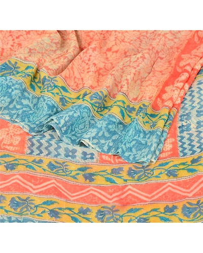 Sanskriti Vintage Red Sarees Peach Print Blend Georgette Sari Soft Craft Fabric, PRG-6652-Red-Printed Work-Blend Georgette-1