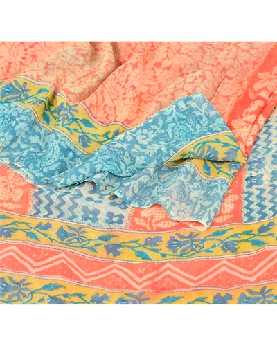 Sanskriti Vintage Red Sarees Peach Print Blend Georgette Sari Soft Craft Fabric, PRG-6652-Red-Printed Work-Blend Georgette-2