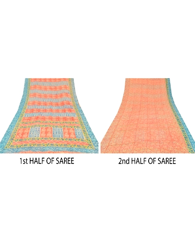 Sanskriti Vintage Red Sarees Peach Print Blend Georgette Sari Soft Craft Fabric, PRG-6652-Red-Printed Work-Blend Georgette-4