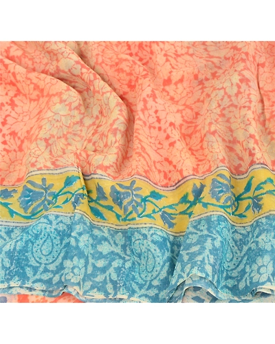 Sanskriti Vintage Red Sarees Peach Print Blend Georgette Sari Soft Craft Fabric, PRG-6652-Red-Printed Work-Blend Georgette-5