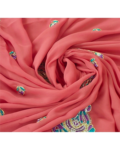 Sanskriti Vintage Fashion Embroidered Sari Georgette Pink Sarees With Blouse Pc, PRG-6677-Pink-Thread Work-Georgette-5