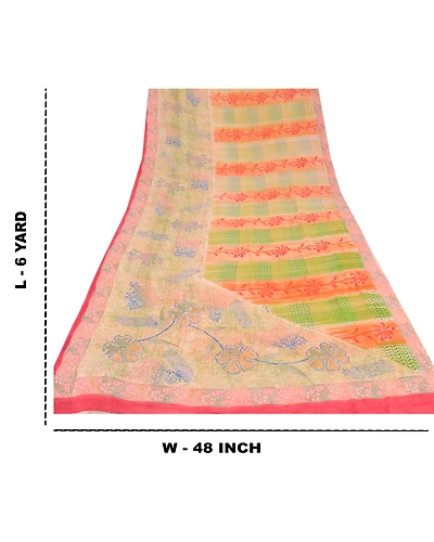Sanskriti Vintage Indian Sari Pure Georgette Silk Printed Sarees Craft Fabric, PRG-6682-Multi-Printed Floral Design-Pure Georgette Silk-5