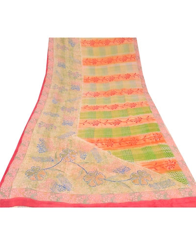 Sanskriti Vintage Indian Sari Pure Georgette Silk Printed Sarees Craft Fabric, PRG-6682-Multi-Printed Floral Design-Pure Georgette Silk-11