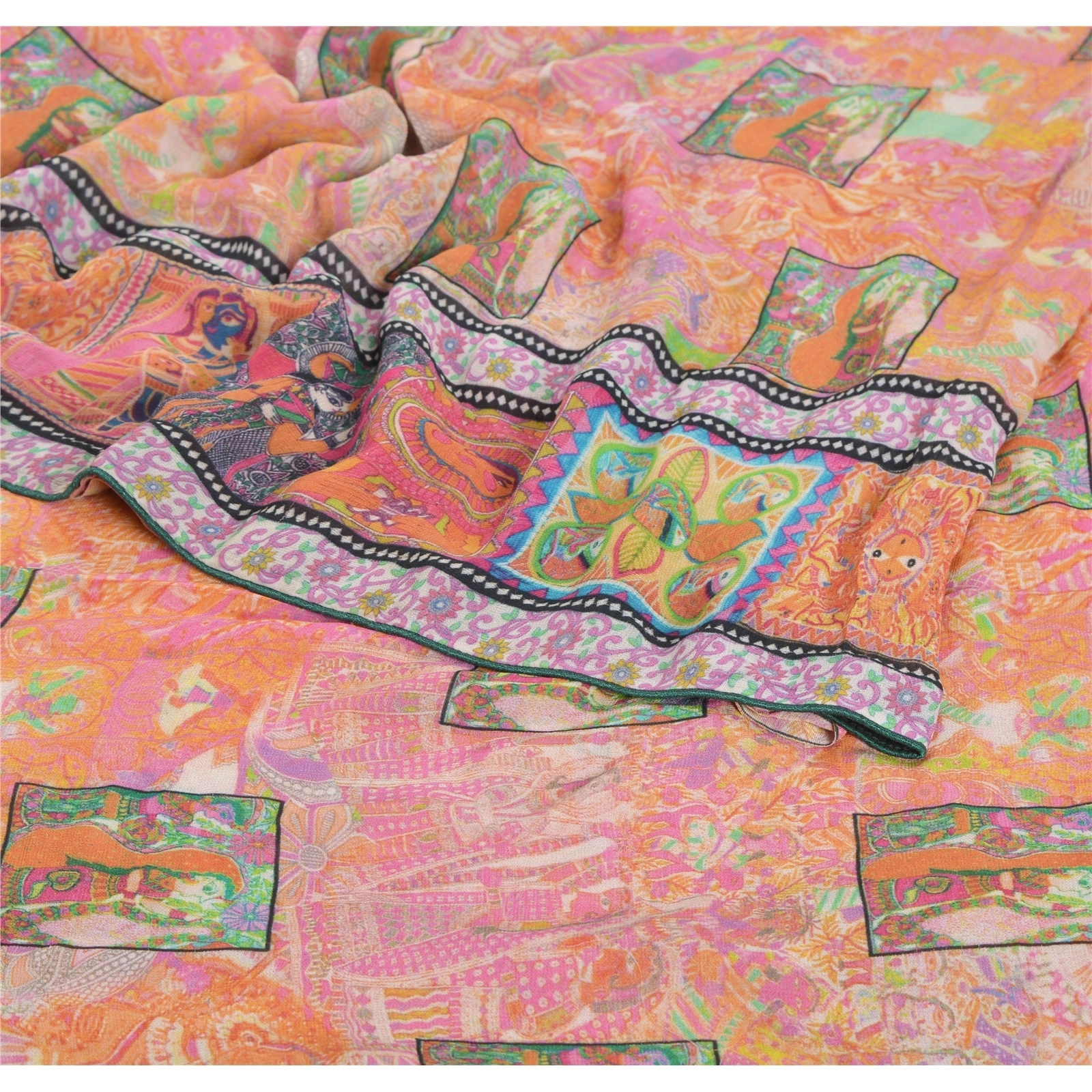 Sanskriti Vintage Pink Sari Printed Blend Georgette Sarees Craft Fabric, PRG-6683-Pink-Printed Work-Blend Georgette-1