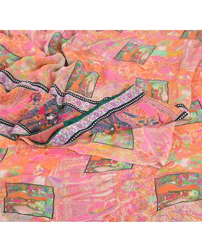 Sanskriti Vintage Pink Sari Printed Blend Georgette Sarees Craft Fabric, PRG-6683-Pink-Printed Work-Blend Georgette-2