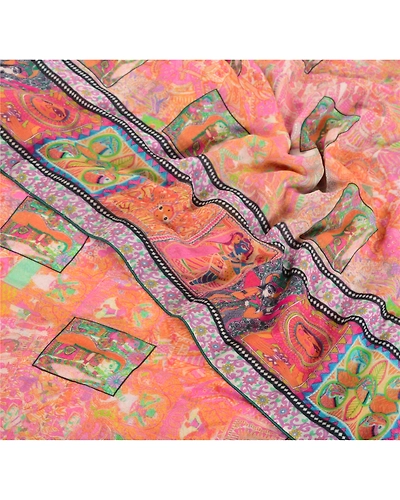 Sanskriti Vintage Pink Sari Printed Blend Georgette Sarees Craft Fabric, PRG-6683-Pink-Printed Work-Blend Georgette-5