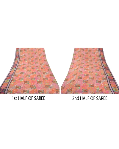 Sanskriti Vintage Pink Sari Printed Blend Georgette Sarees Craft Fabric, PRG-6683-Pink-Printed Work-Blend Georgette-6