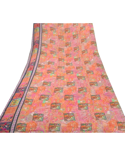 Sanskriti Vintage Pink Sari Printed Blend Georgette Sarees Craft Fabric, PRG-6683-Pink-Printed Work-Blend Georgette-10