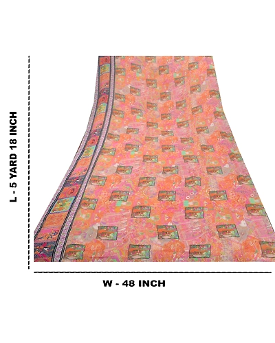 Sanskriti Vintage Pink Sari Printed Blend Georgette Sarees Craft Fabric, PRG-6683-Pink-Printed Work-Blend Georgette-11