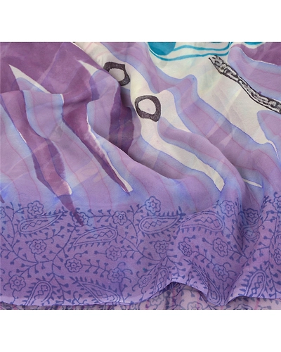 Sanskriti Vintage Purple Sari Printed Blend Georgette Sarees Craft 5 Yard Fabric, PRG-6698-Purple-Printed Work-Blend Georgette-7