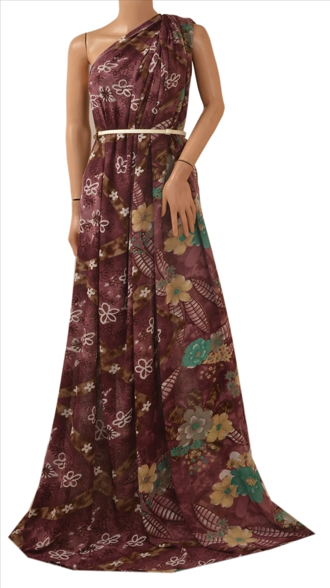 Sanskriti Vintage Indian Sari Brown Blend Georgette Printed Sarees Craft Fabric, PRG-67-Brown-Printed Work-Blend Georgette-2