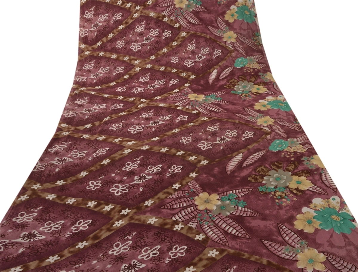 Sanskriti Vintage Indian Sari Brown Blend Georgette Printed Sarees Craft Fabric, PRG-67-Brown-Printed Work-Blend Georgette-8