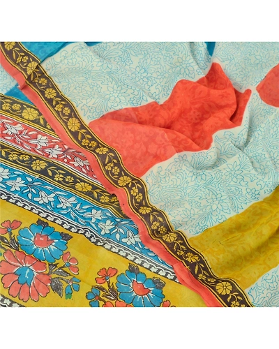 Sanskriti Vintage Sarees Printed Sari 100% Pure Georgette Silk 5Yd Craft Fabric, PRG-6715-Multi-Printed Work-Pure Georgette Silk-6