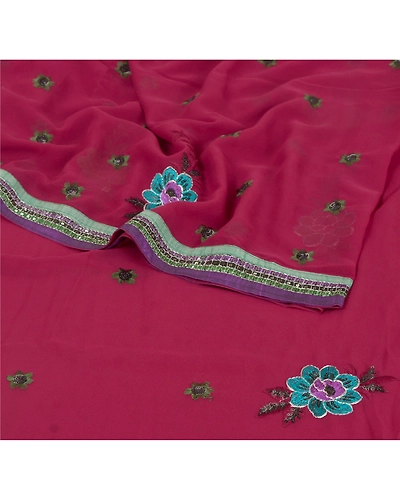 Sanskriti Vintage Fashion Red Sarees Hand Beaded Georgette Fabric Sari Blouse Pc, PRG-6774-Dark Red-Printed Work-Georgette-1