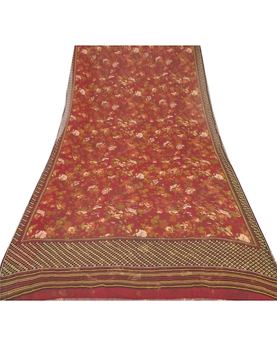 Sanskriti Vintage Red Sarees Printed Sari Pure Georgette Silk 5 Yd Craft Fabric, PRG-6777-Red-Printed Work-Pure Georgette Silk-11