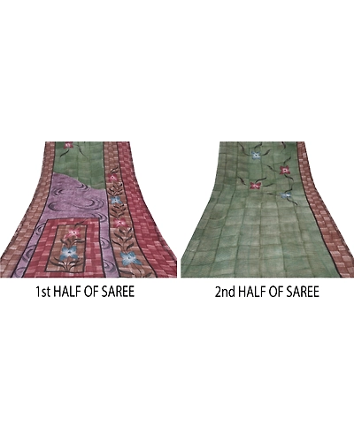 Sanskriti Vintage Green Sarees Printed Blend Georgette Sari Soft Craft Fabric, PRG-6785-Green-Printed Work-Blend Georgette-7