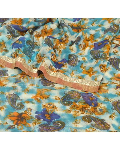 Sanskriti Vintage Blue Sarees Printed Blend Georgette Sari 5Yd Soft Craft Fabric, PRG-6788-Blue-Printed Work-Blend Georgette-1