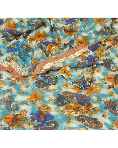 Sanskriti Vintage Blue Sarees Printed Blend Georgette Sari 5Yd Soft Craft Fabric, PRG-6788-Blue-Printed Work-Blend Georgette-2