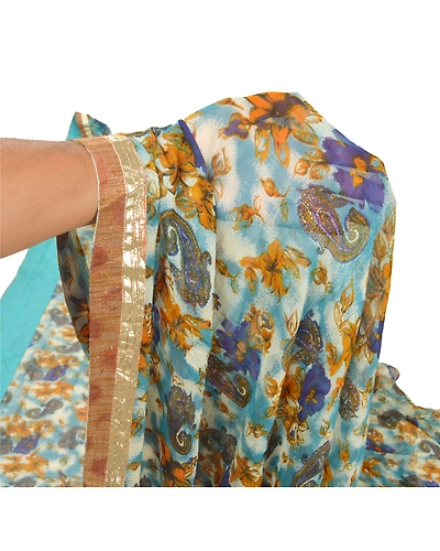 Sanskriti Vintage Blue Sarees Printed Blend Georgette Sari 5Yd Soft Craft Fabric, PRG-6788-Blue-Printed Work-Blend Georgette-3
