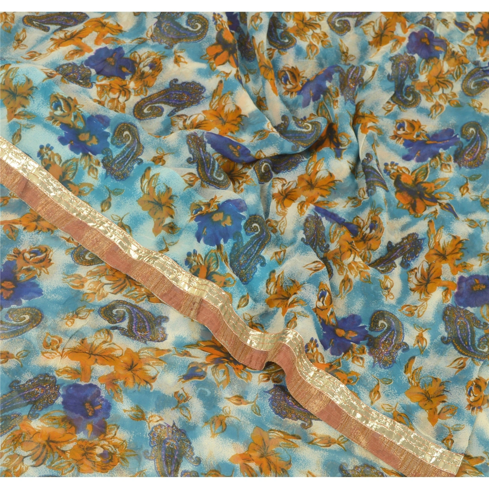 Sanskriti Vintage Blue Sarees Printed Blend Georgette Sari 5Yd Soft Craft Fabric, PRG-6788-Blue-Printed Work-Blend Georgette-6