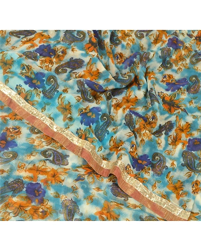 Sanskriti Vintage Blue Sarees Printed Blend Georgette Sari 5Yd Soft Craft Fabric, PRG-6788-Blue-Printed Work-Blend Georgette-6