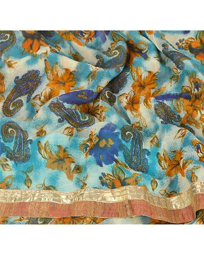 Sanskriti Vintage Blue Sarees Printed Blend Georgette Sari 5Yd Soft Craft Fabric, PRG-6788-Blue-Printed Work-Blend Georgette-8