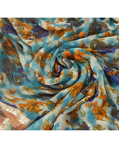 Sanskriti Vintage Blue Sarees Printed Blend Georgette Sari 5Yd Soft Craft Fabric, PRG-6788-Blue-Printed Work-Blend Georgette-9