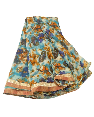 Sanskriti Vintage Blue Sarees Printed Blend Georgette Sari 5Yd Soft Craft Fabric, PRG-6788-Blue-Printed Work-Blend Georgette-10
