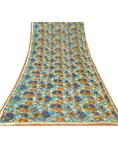 Sanskriti Vintage Blue Sarees Printed Blend Georgette Sari 5Yd Soft Craft Fabric, PRG-6788-Blue-Printed Work-Blend Georgette-11
