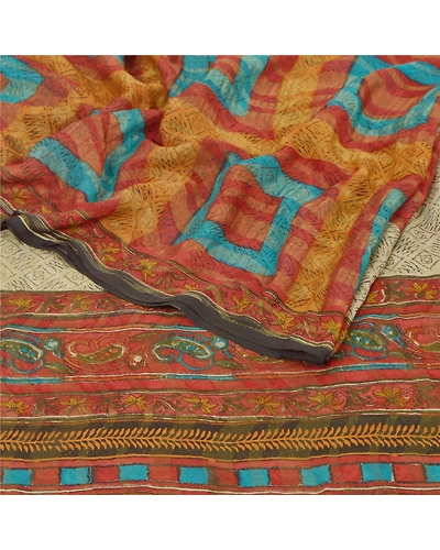 Sanskriti Vintage Cream Sarees Printed Sari Pure Georgette Silk 5Yd Craft Fabric, PRG-6816-Cream-Printed Work-Pure Georgette Silk-1