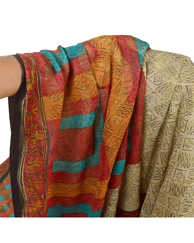 Sanskriti Vintage Cream Sarees Printed Sari Pure Georgette Silk 5Yd Craft Fabric, PRG-6816-Cream-Printed Work-Pure Georgette Silk-3