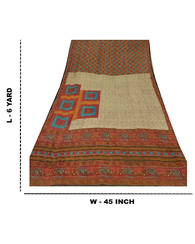 Sanskriti Vintage Cream Sarees Printed Sari Pure Georgette Silk 5Yd Craft Fabric, PRG-6816-Cream-Printed Work-Pure Georgette Silk-5
