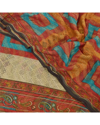 Sanskriti Vintage Cream Sarees Printed Sari Pure Georgette Silk 5Yd Craft Fabric, PRG-6816-Cream-Printed Work-Pure Georgette Silk-6