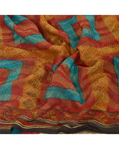 Sanskriti Vintage Cream Sarees Printed Sari Pure Georgette Silk 5Yd Craft Fabric, PRG-6816-Cream-Printed Work-Pure Georgette Silk-8