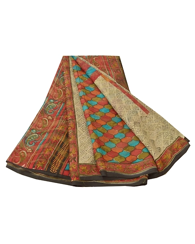 Sanskriti Vintage Cream Sarees Printed Sari Pure Georgette Silk 5Yd Craft Fabric, PRG-6816-Cream-Printed Work-Pure Georgette Silk-10