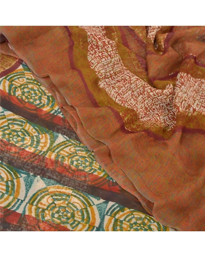 Sanskriti Vintage Cream Sarees Printed Sari Blend Georgette Soft Craft Fabric, PRG-6860-Cream-Printed Work-Blend Georgette-5