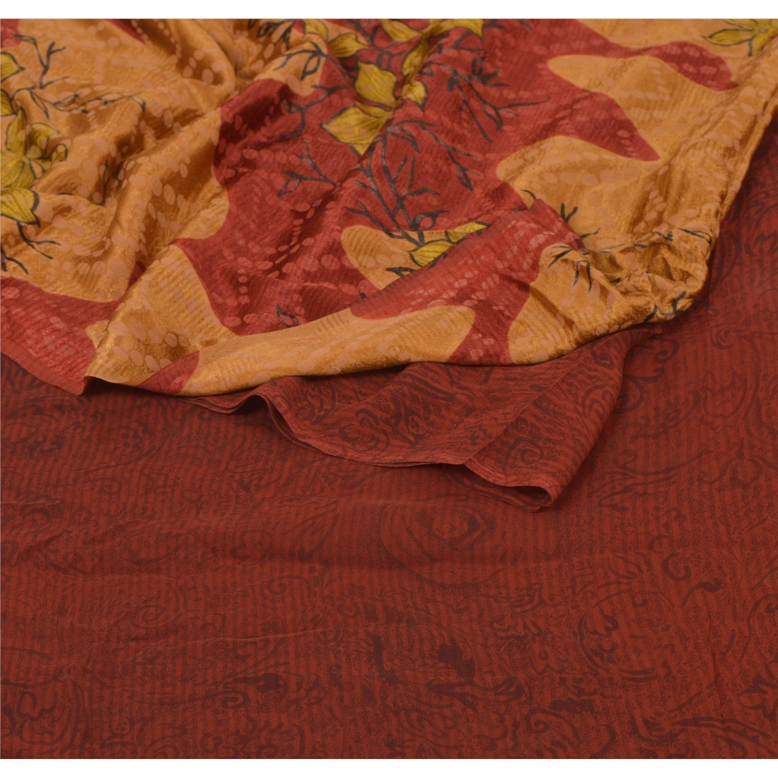 Sanskriti Vintage Indian Sari Brick Red Pure Silk Printed Sarees Craft Fabric, PRG-6903-Brick Red-Printed Floral Design-Pure Silk-10