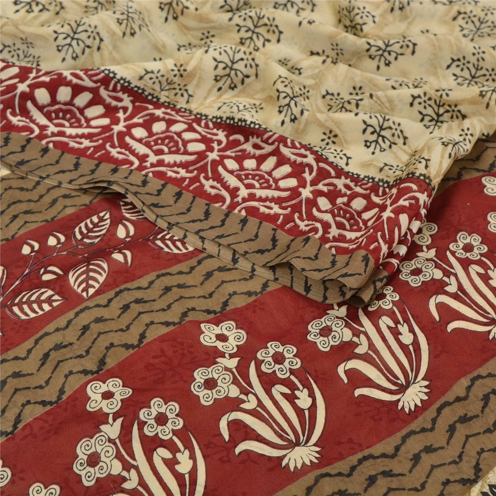 Sanskriti Vintage Indian Sari Cream Printed Georgette Sarees Craft 5 Yd Fabric, PRG-6996-Cream-Printed Floral Design-Georgette-1